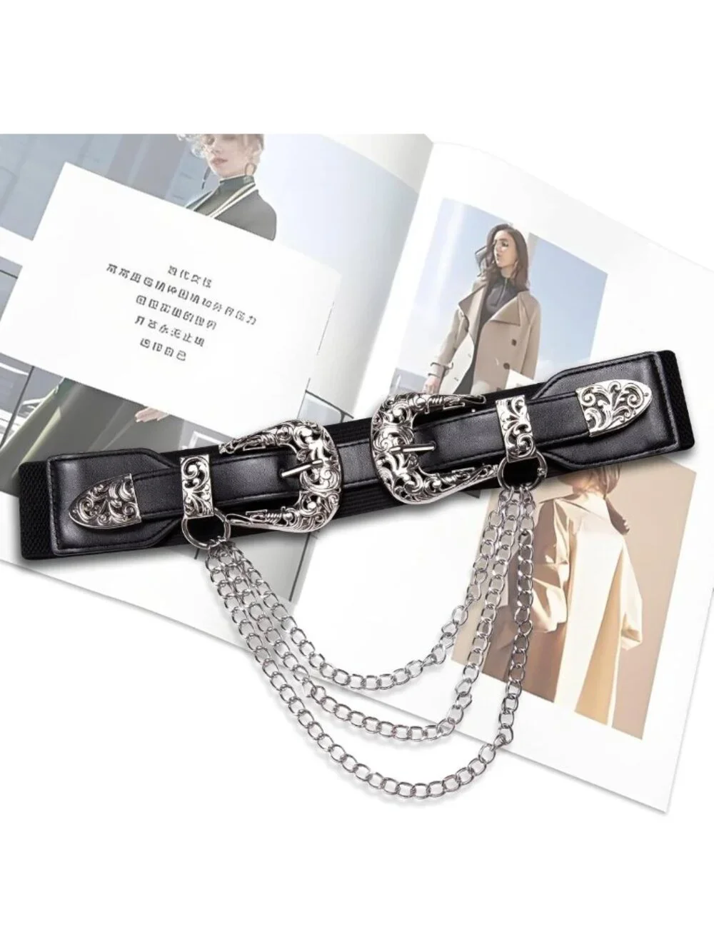 Vintage Western Leather Belt with Chain, Adjustable Double Buckle for Women’s